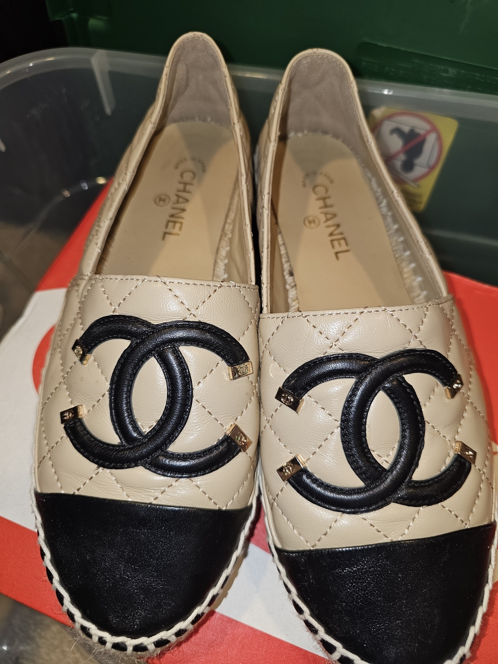 Chanel Two-Tone Quilted Espadrille Flats - Beige & Black - Picture 2 of 6